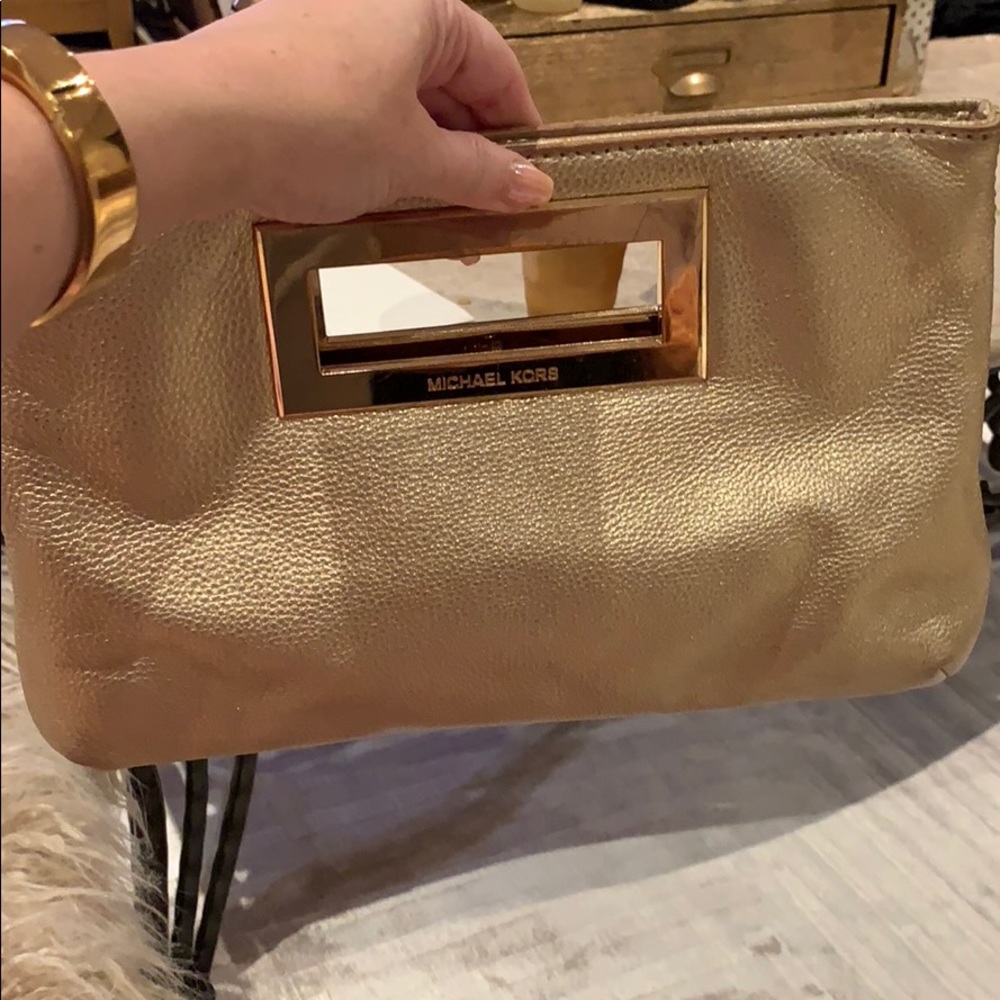 Michael Kors gold metallic clutch, leather